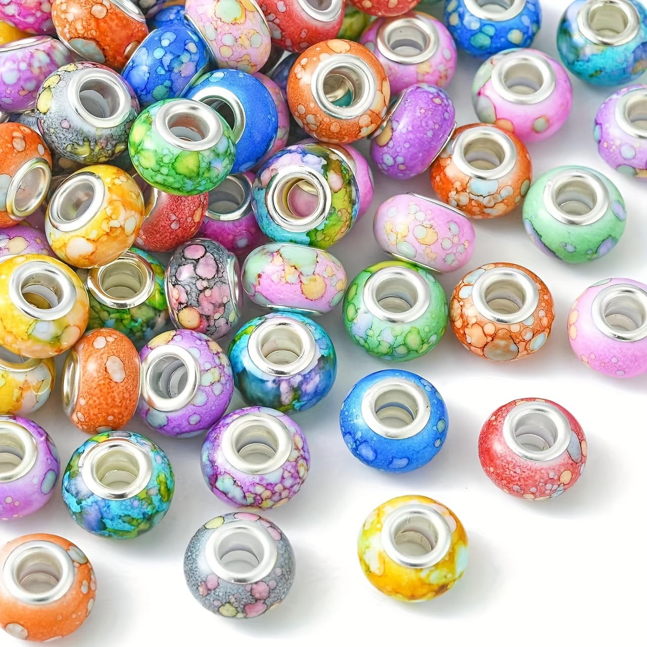 

50/100pcs Water Marbled Resin Beads, 14mm, Silver Tone Brass Cores, Mixed Colors, Perfect For Diy Jewelry Making