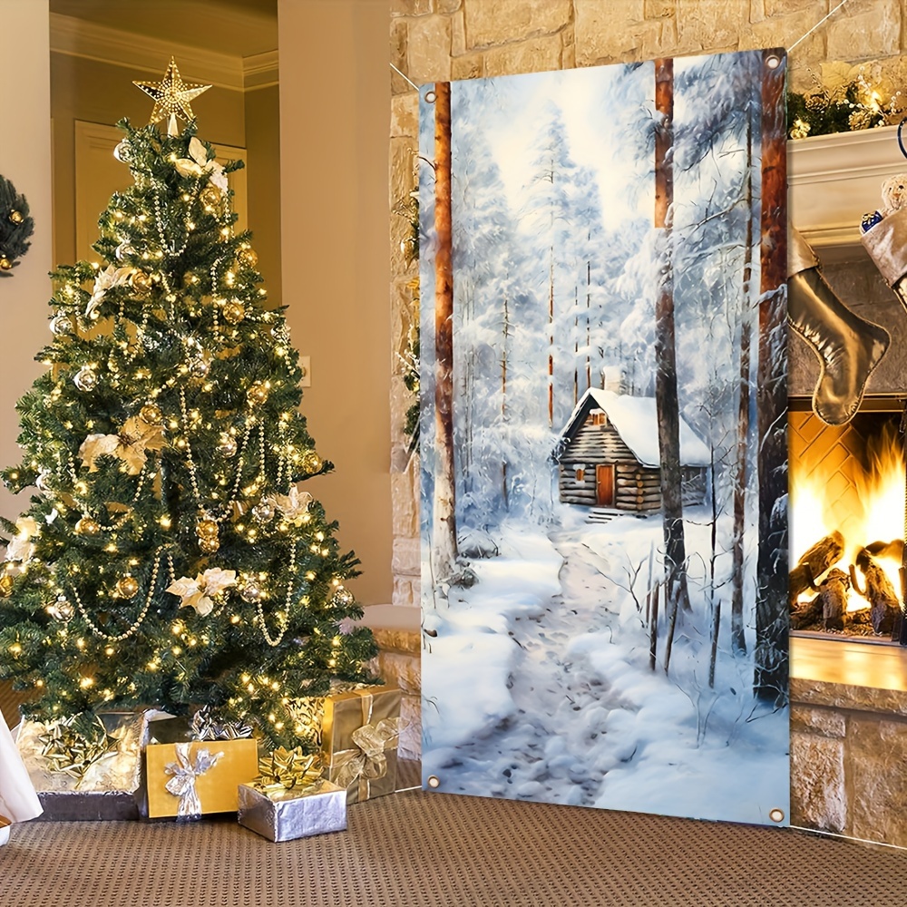 

1pc, Decorated Door Panels For Christmas Parties, Vintage Cabin Backgrounds For Winter Snow And Ice Forests, Decorated Props For Indoor Outdoor Hanging Banners For Photography, 35.4*70.8inch