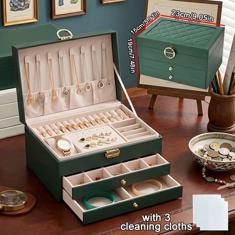 TEMU 2-3 Layer Large Capacity Faux Leather Jewelry Organizer Box -soft-lined Drawers And For Necklaces, Earrings, Rings, Bracelets-, Beige