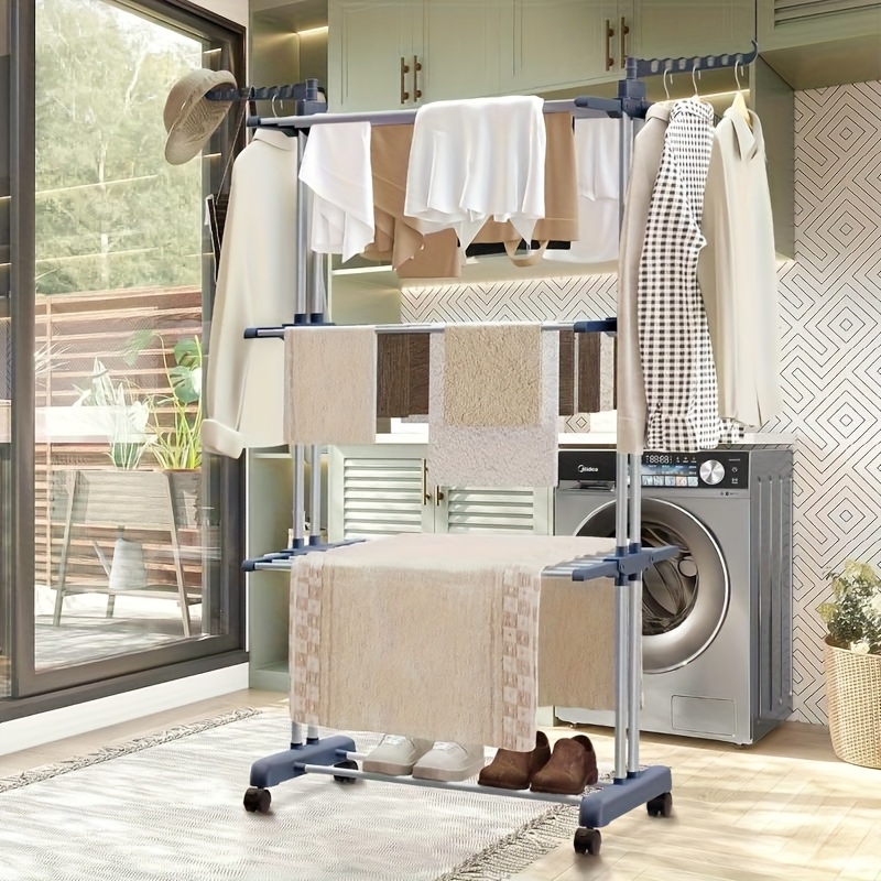 Image of 3-tier Clothes Airer With Adjustable Roller Rods, Foldable Hangers, And Wheels - Suitable For Indoor And Outdoor Use - Christmas, Back-to-school, New Year, Clothes Drying Rack, Drying Racks