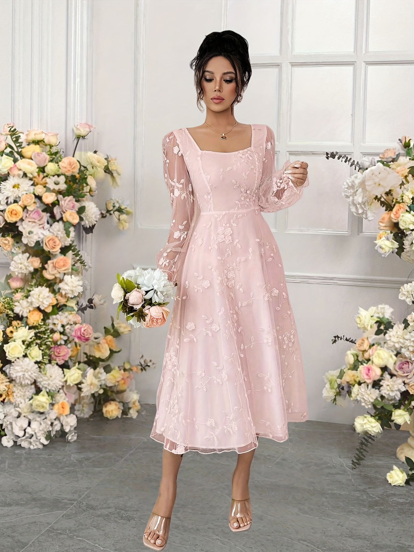 elegant long sleeve bridesmaid dress made solid color mesh - Temu Mexico