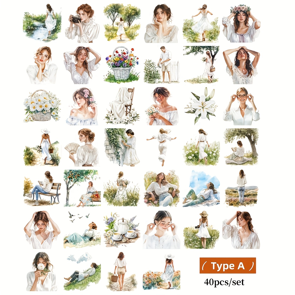 Image of 40pcs/set Handmade Creative Retro Nature Flowers Dress Camping Reading Swing Series Stickers Suitable For Garbage Diary Notebook Decoration Manual Account Cutting Book Stickers