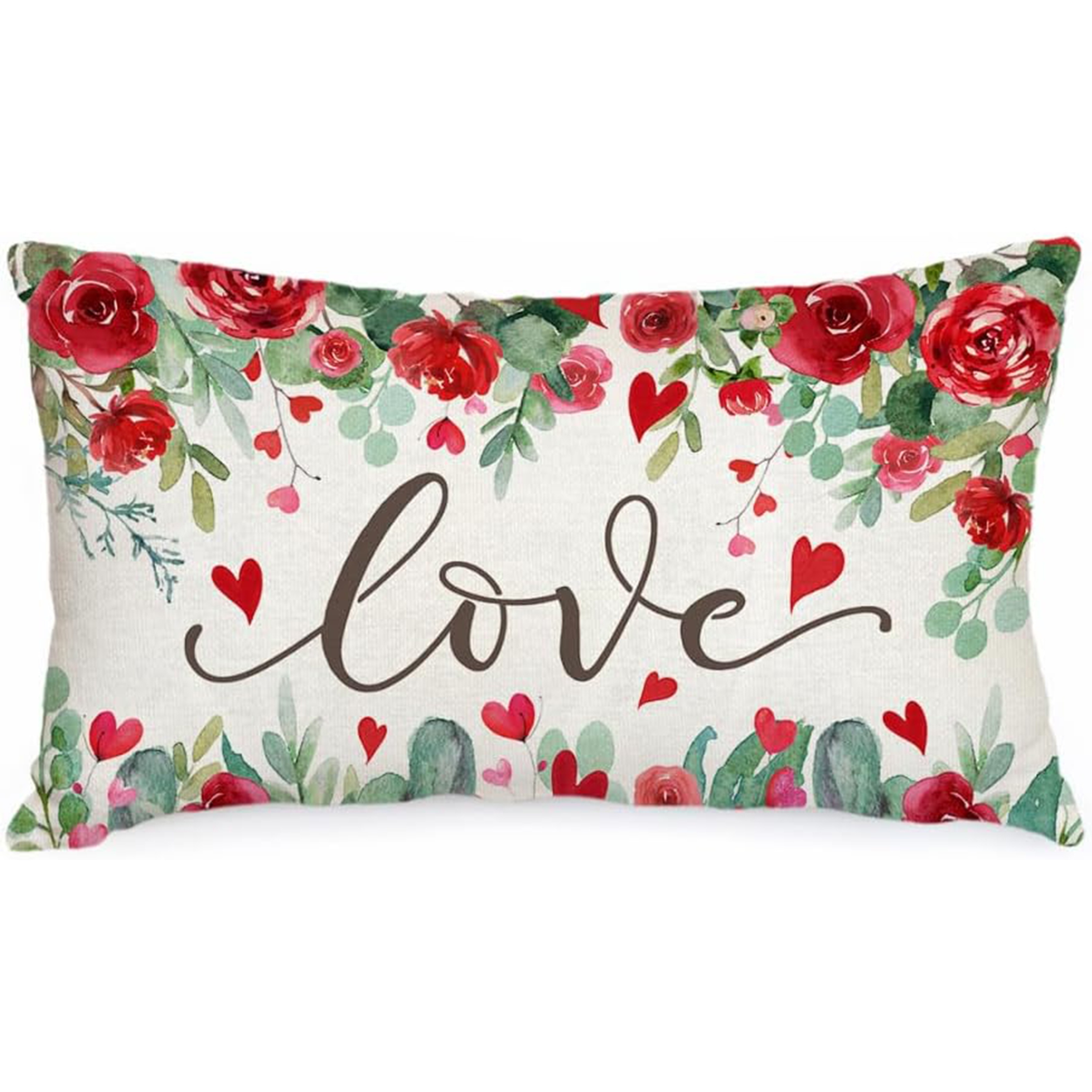 

1pc Contemporary Style Linen Throw Pillow Cover, Floral Red Heart Design, Machine Washable, Zipper Closure, Multiple Sizes, For Home Sofa Couch Decor