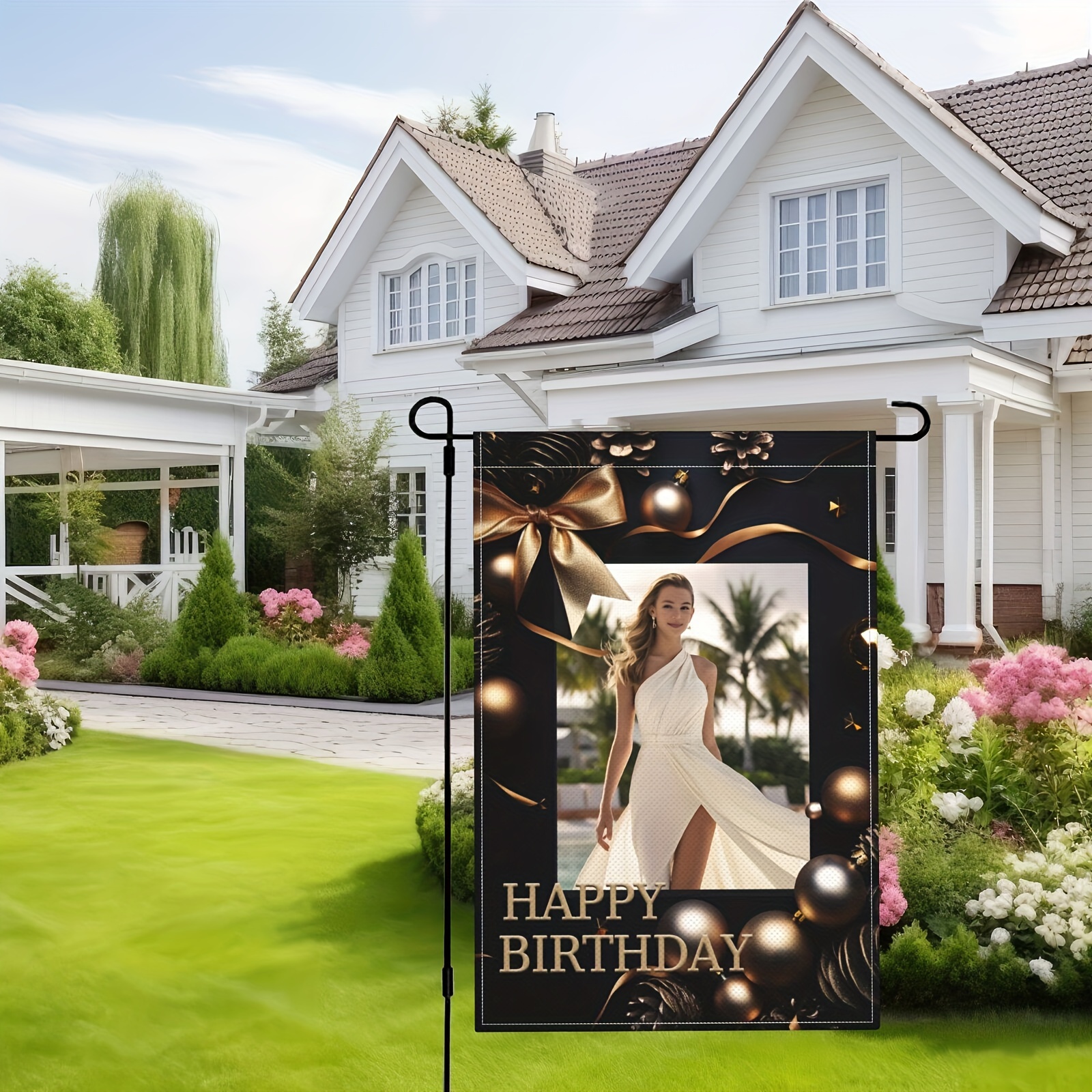 

Custom Happy Birthday Garden Flag - Personalized Photo Linen Fabric Outdoor Decor - Durable Polyester 1pc Party Banner With No Metal Stand - Ideal For Home & Garden Celebration Decorations 12x18 Inch