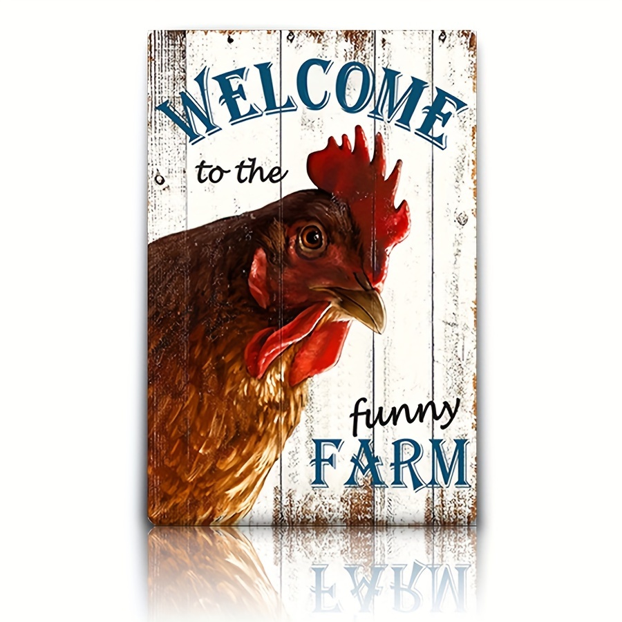 

Funny Farm Welcome Sign - Vintage Metal With Chicken Portrait, Rustic Farmhouse Kitchen Decor, Durable Wall Art For Home Entrance, Perfect Gift For Farmers, 12x8 Inches