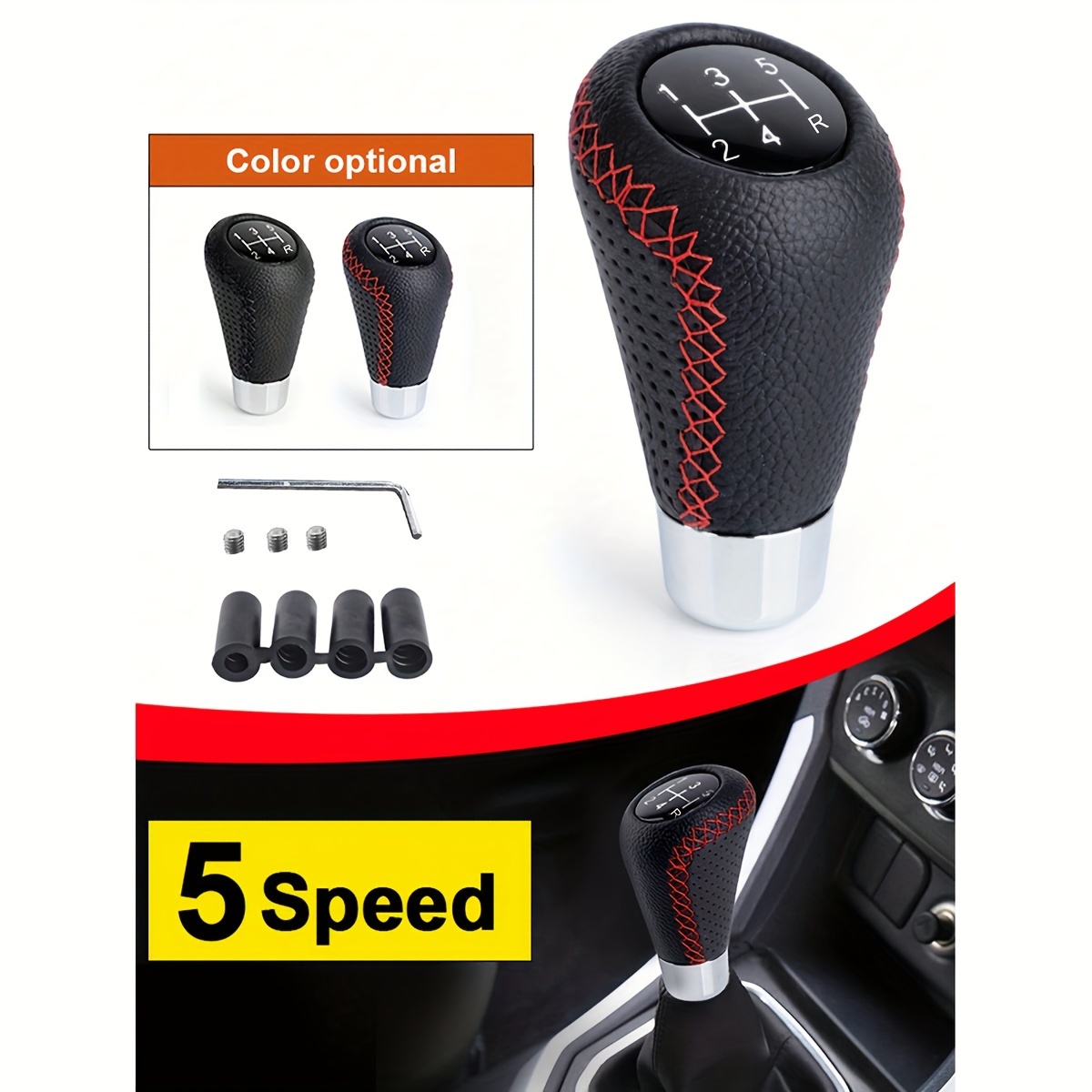 

Hr Fit 5- Manual Gear Shift Knob - Leather With Red Stitching, Carbon Fiber Handle, Fit For Most Vehicles