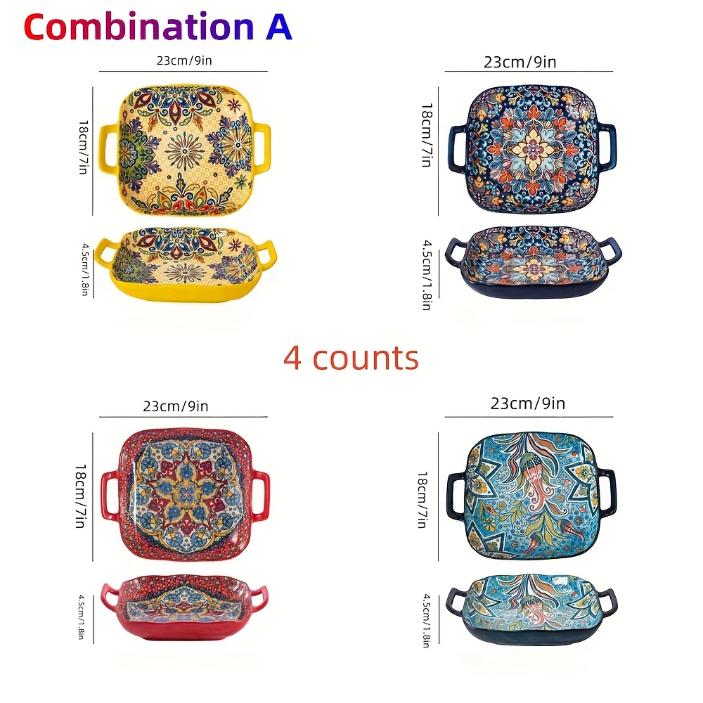 1-set Of 4pcs, Tableware Set, Bohemian Ceramic 9-inch Square Plate With Double Handles, Dinner Plate, Fruit Plate, Serving Plate, Creative Household Salad Plate, Oven And Microwave Safe