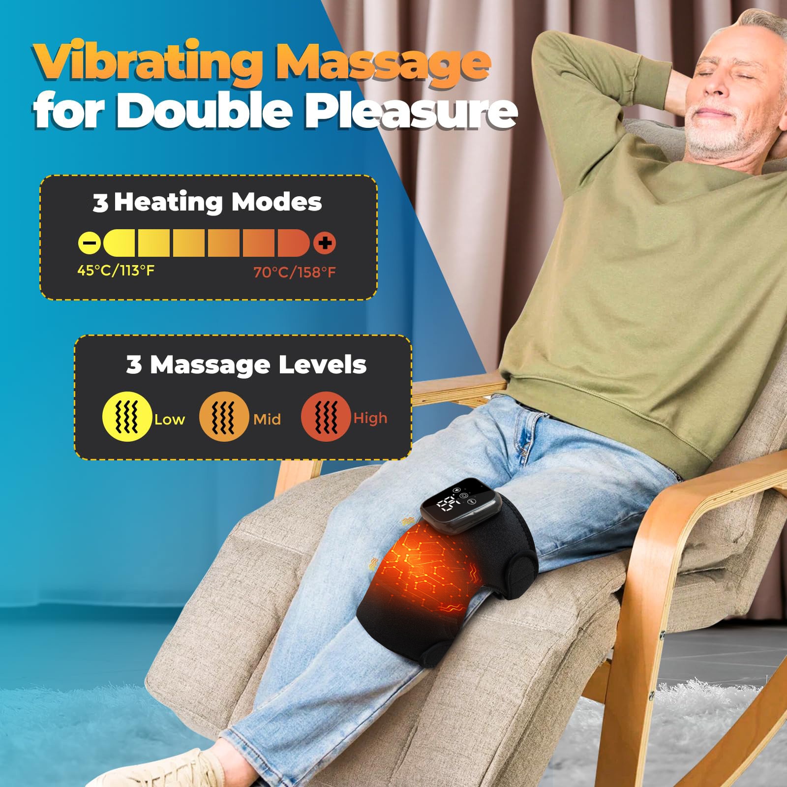 3-in-1 Wireless Heating Vibrator Knee Massager USB Rechargeable, 3-Level Heat Massage for Knees/Joints/Elbows/Shoulders, Gift for Elderly/Mom/Dad