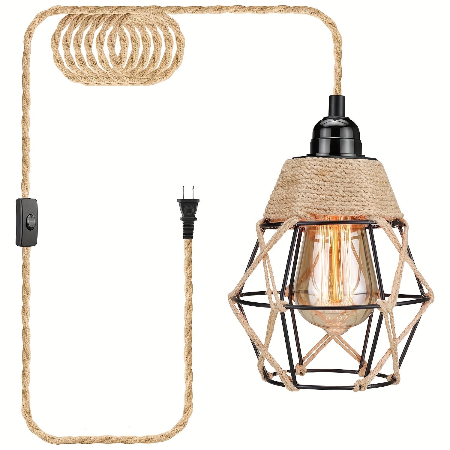 

Rustic Farmhouse Plug-in Pendant Light With Hemp Rope For Switch - Industrial Metal Ceiling Lamp For Dining Room, E26/e27 Base (bulb Not Included)