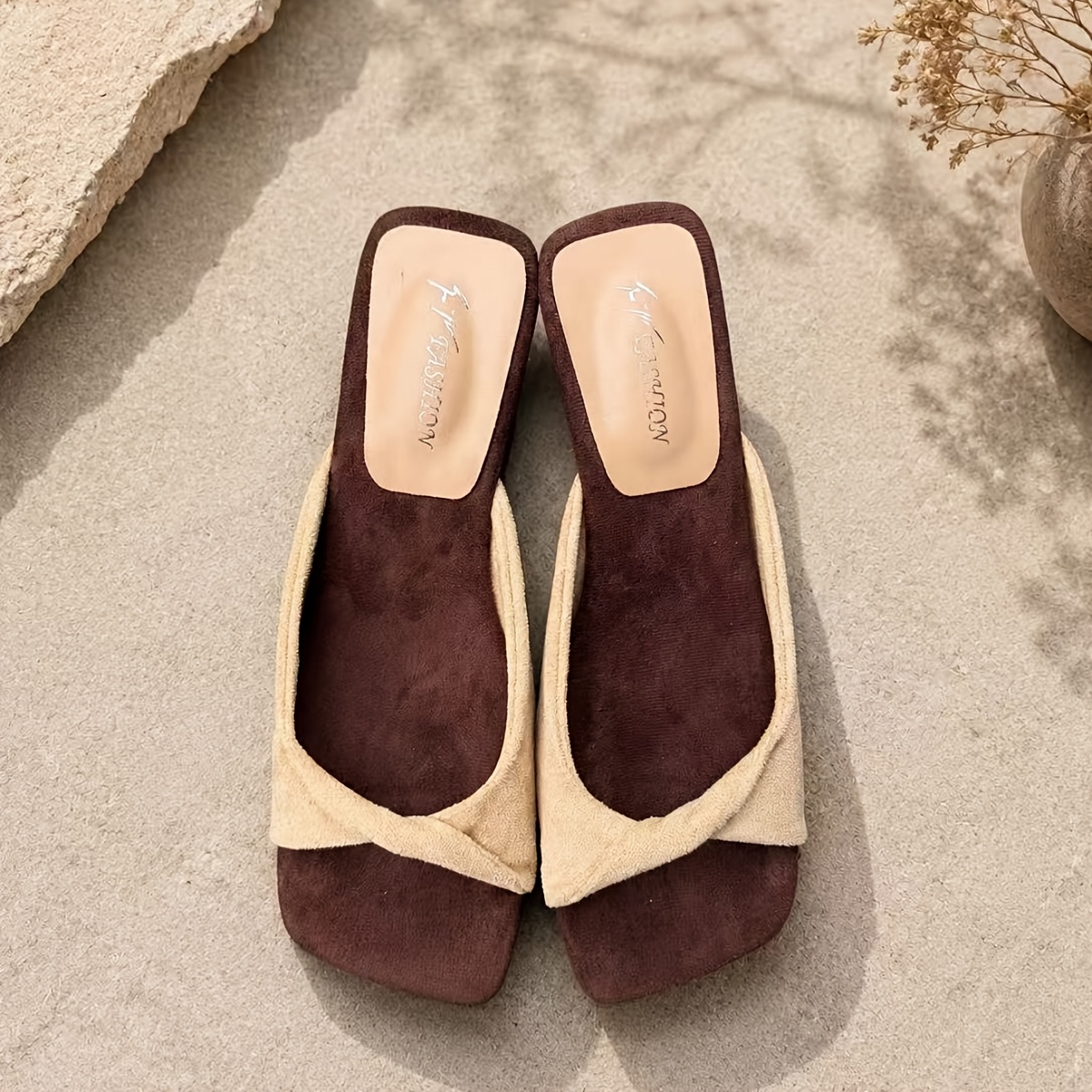 TEMU Beige And Brown Colorblock Heels, Square Toe Summer Slides, Women Shoes