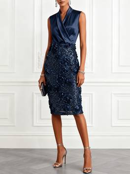 cross v neck sleeveless satin dress with three dimensional rose sequins fit and body hugging evening gown
