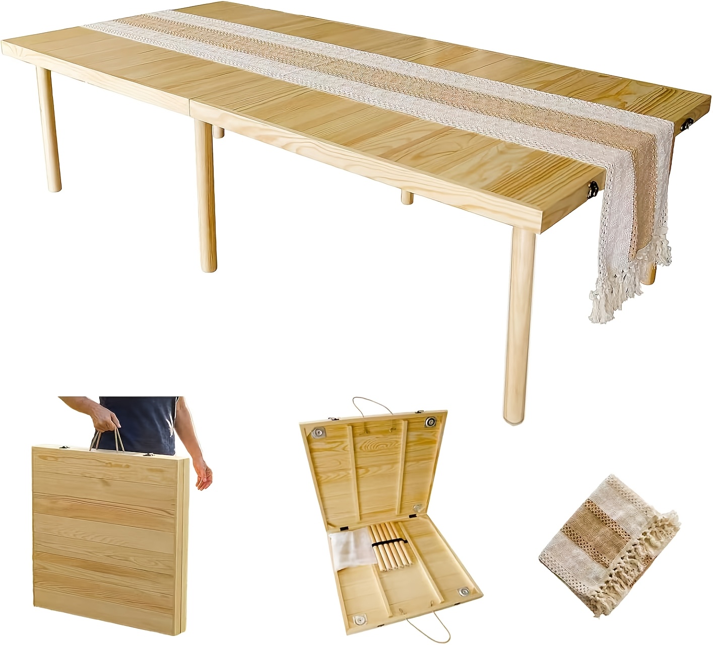 1pc Foldable Low Picnic Table, 60-inch Portable And Lightweight Camping Table, Foldable Camping Table with Tablecloth, Suitable for Parties, Patios, Gardens, Barbecues, Backyards, Christmas (natural Wood Color)