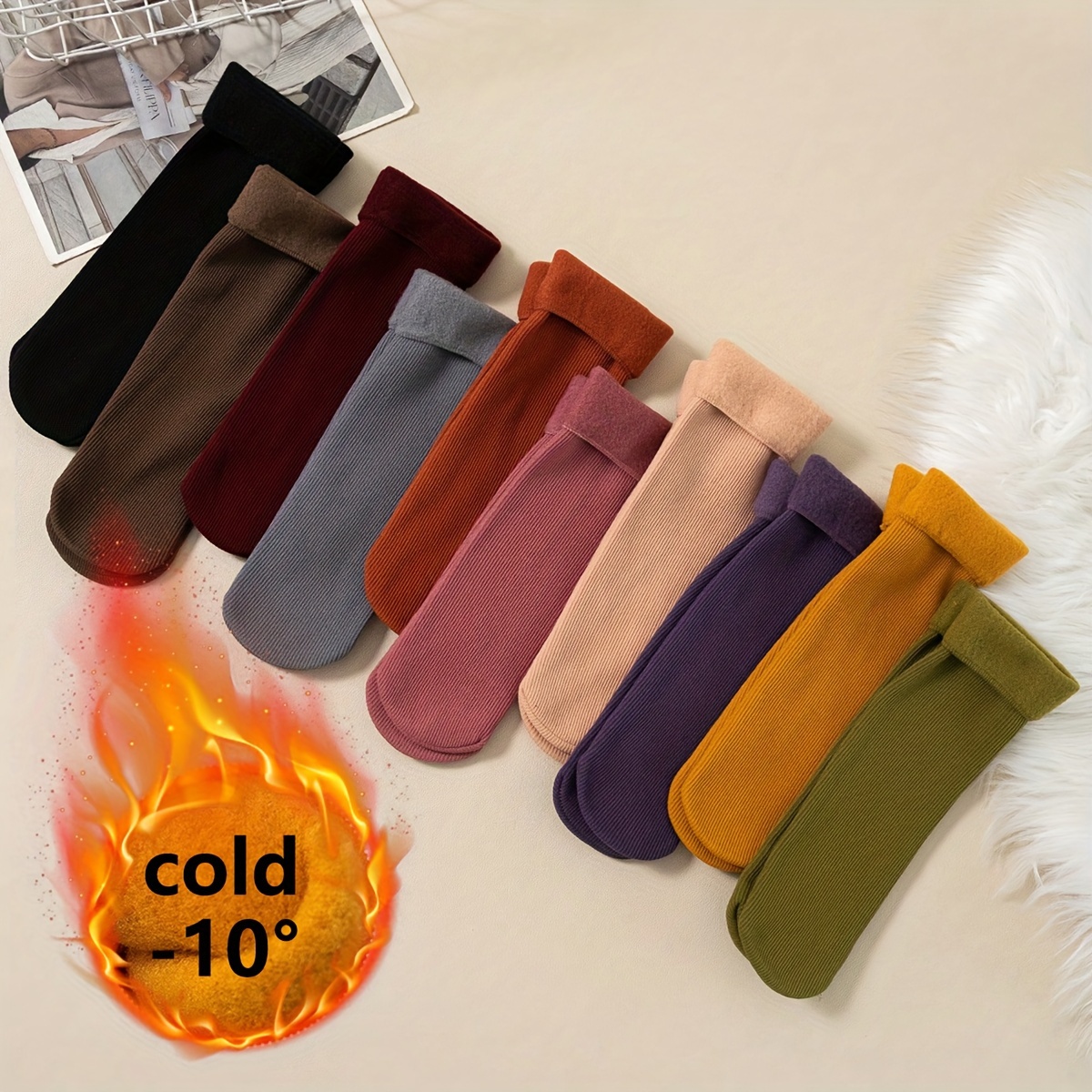 

10 Pairs Of Teenager's Warm Crew Socks, Thickened Thermal Casual Solid Color Socks For Autumn And Winter