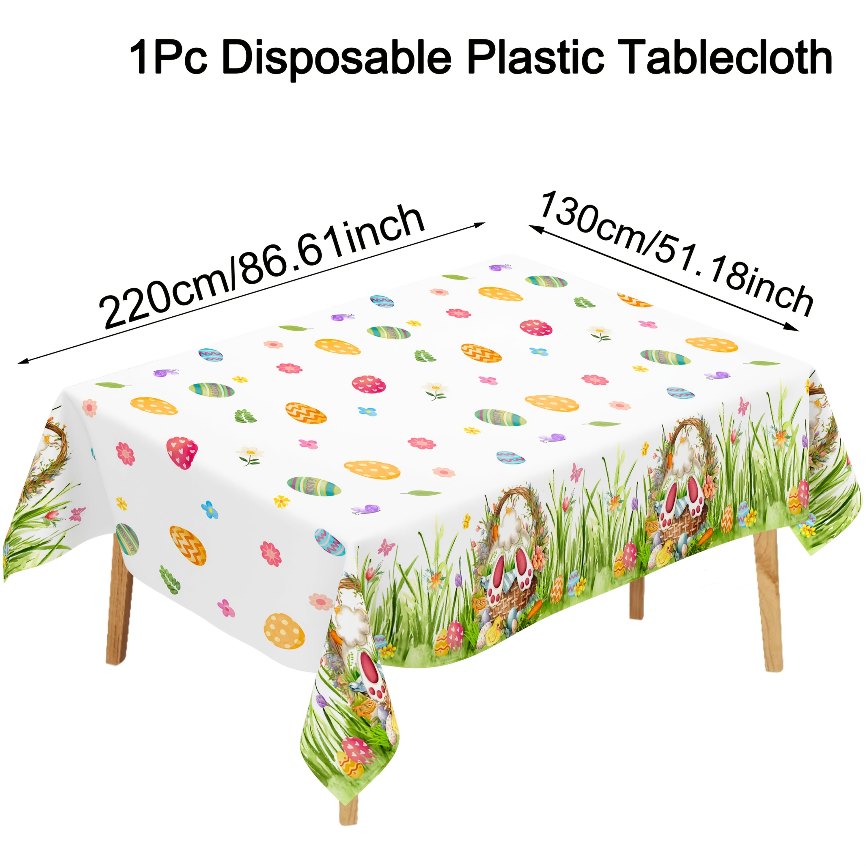 TEMU 1pc Easter Bunny & Eggs Cartoon Tablecloth, 130x220cm Disposable Plastic Rectangular Table Cover, Machine Made Decor For Home Kitchen Dining, Easter Party Supplies Without Electricity