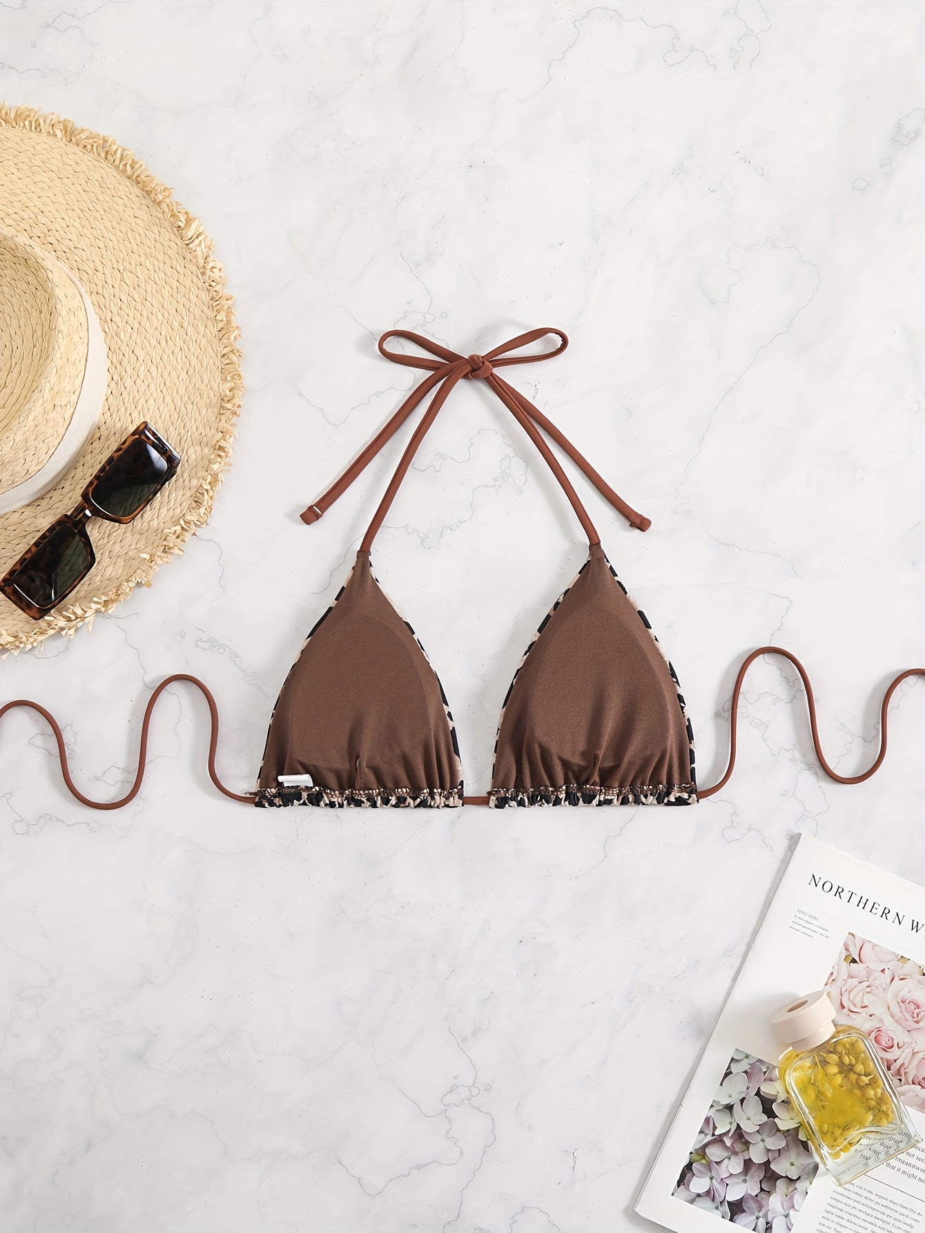 Leopard Print Triangle Halter Tie Strap Backless Sexy Bikini Top, Women's Swimwear & Clothing