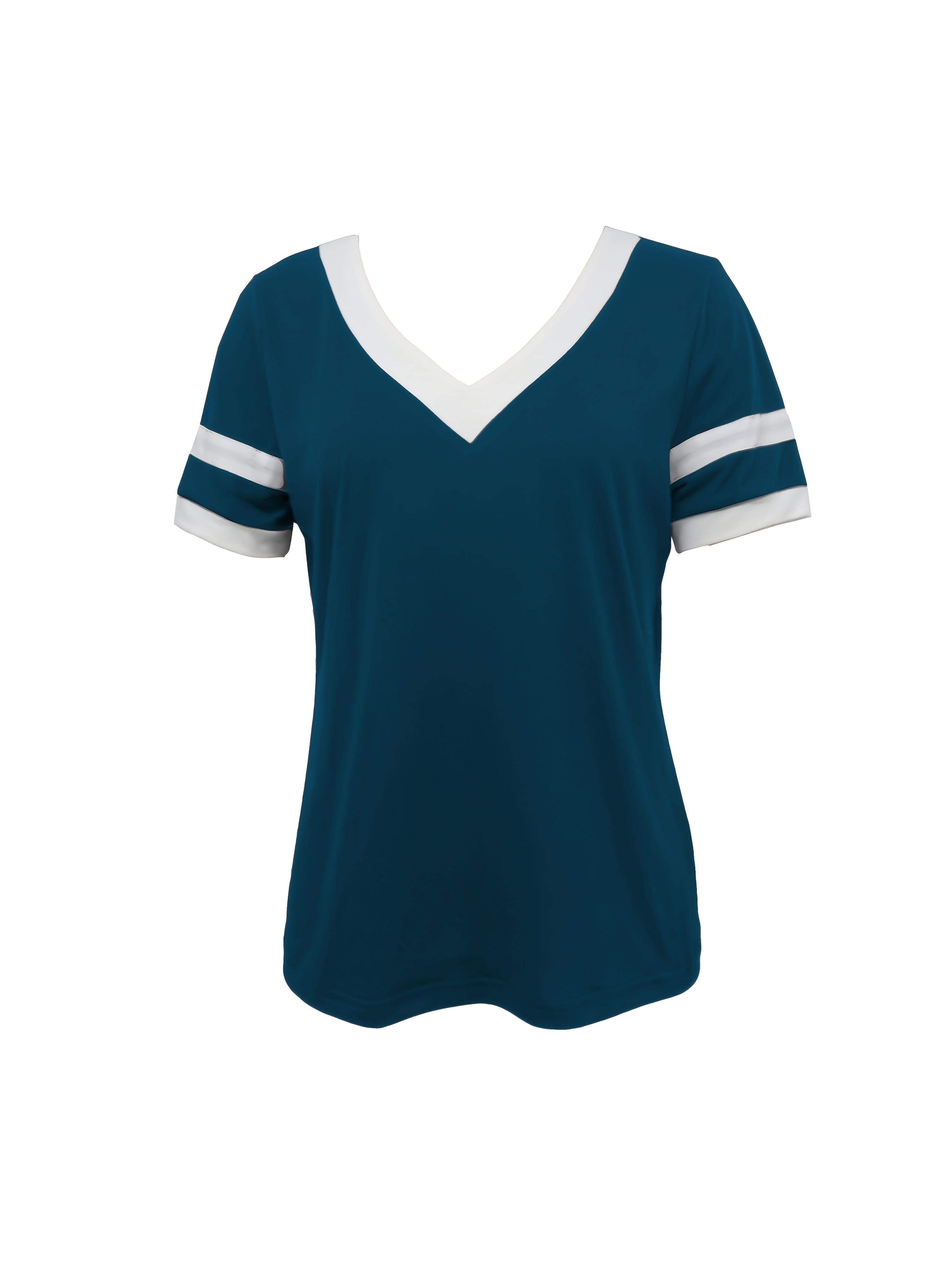 MaQiYa Women's V-Neck Color Block Tunic Top - Short Sleeve, Casual Cotton Tee, Loose Fit, Z-Sky Blue, Size Large