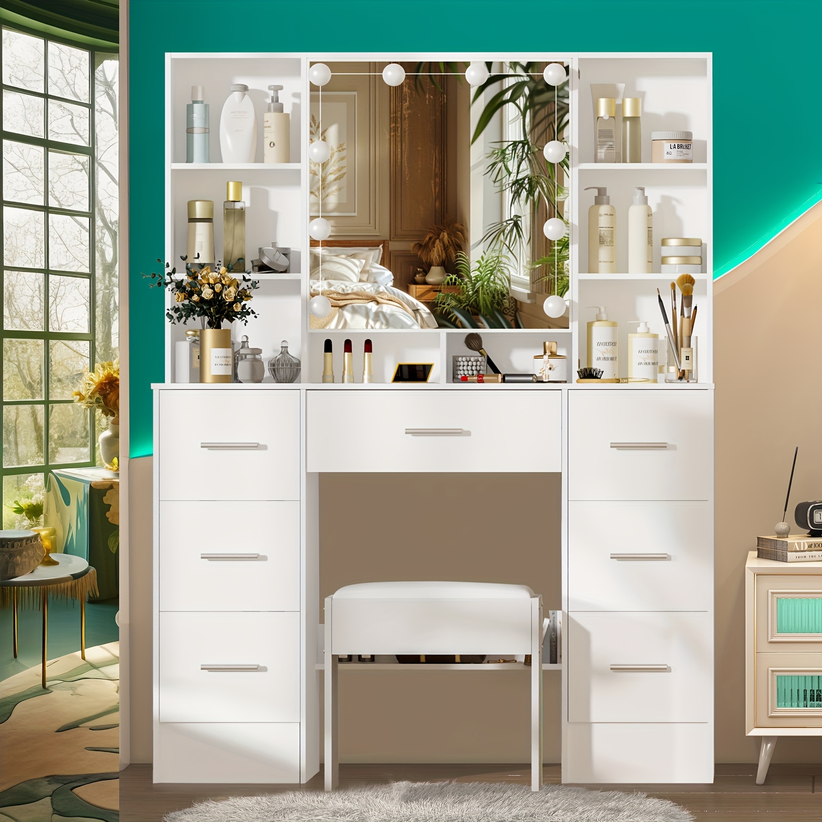 100cm Large White Modern Vanity Set With Adjustable Led Mirror & Stool - Dressing Table With Storage Drawers & Shelves, Space- Makeup Desk For Women & Teen Girls, Plug-and-play (easy Assembly)