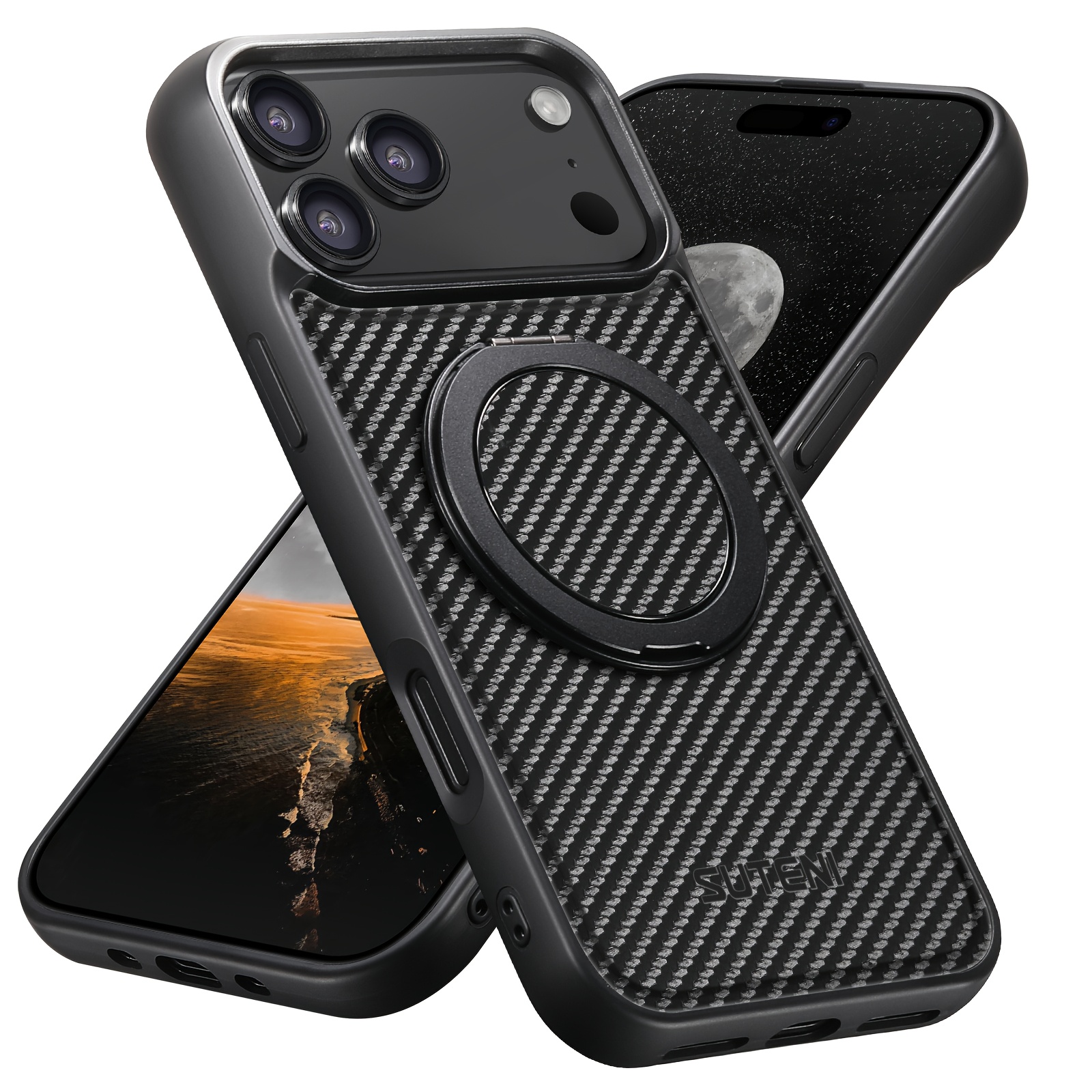 TEMU Phone Case - Suteni Magnet Wireless Charging Phone Case Equipped With A 360Â° Rotating Ring Stand, Showcasing A Faux Leather Grid Pattern,