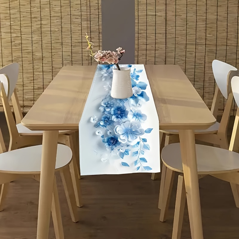 

Elegant Blue Floral Table Runner – 1pc, Premium Polyester, Woven Rectangle Table Linen, Ideal For Dining And Coffee Table Decor, Party & Home Room Decorations