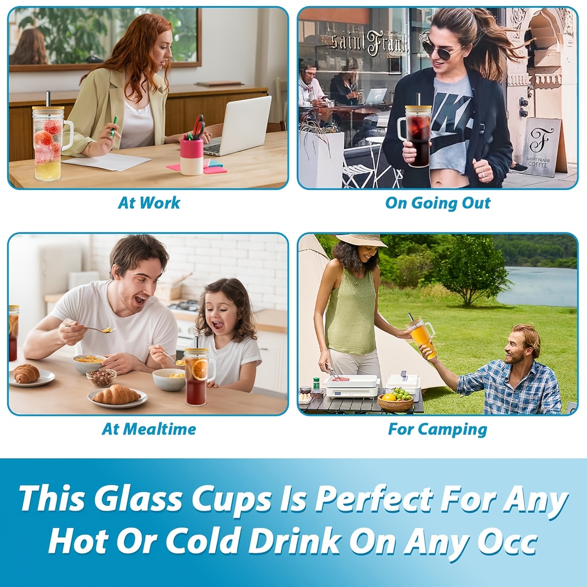 2pcs 4pcs glass cups with lids and straws 24 oz mason jar drinking glasses tumbler with handle brush reusable iced coffee cups boba tea smoothie cups mothers day gifts Product details 6