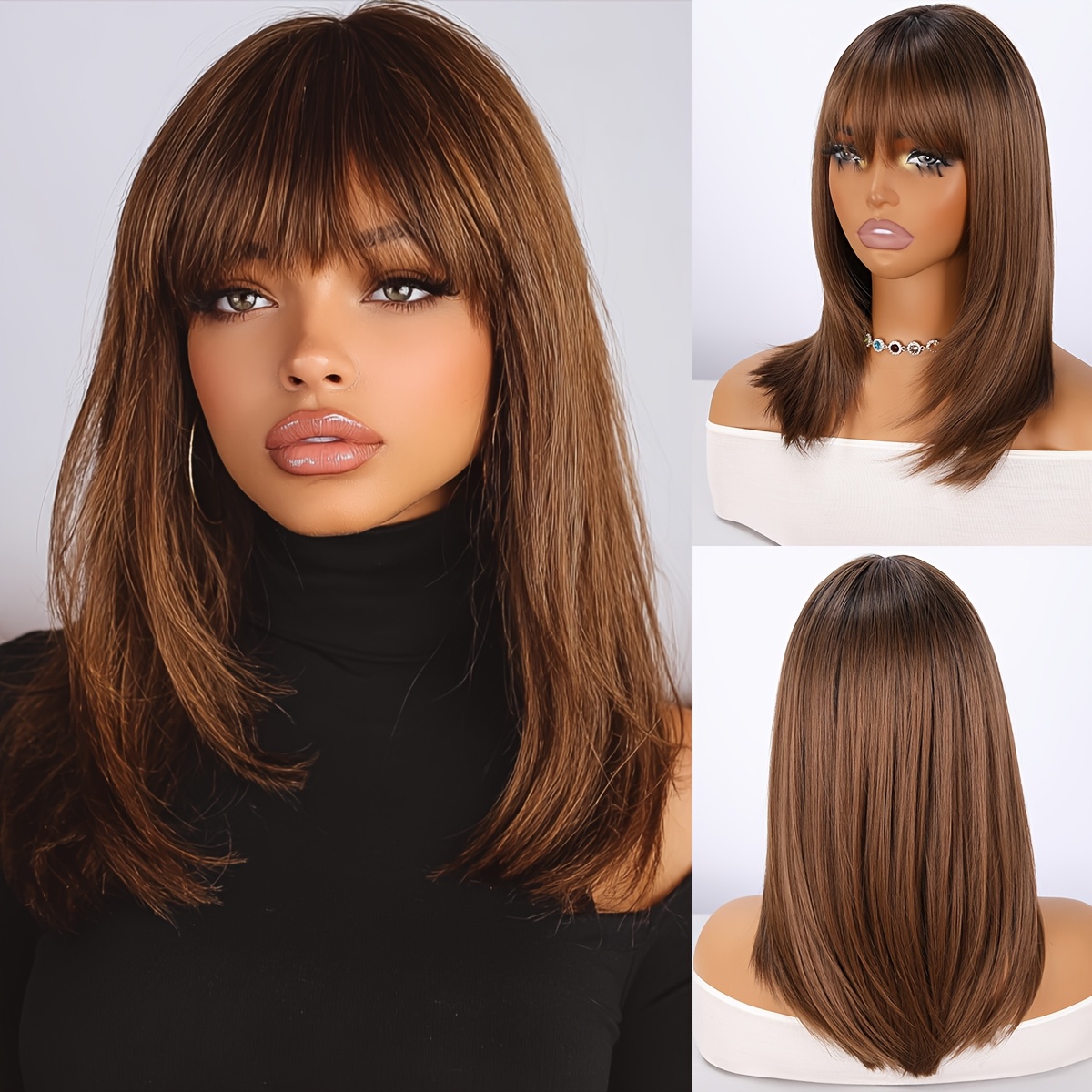 TEMU 18-inch Women's Wig Featuring Long, Straight Brown Hair With Straight Bangs, Designed For And , Use