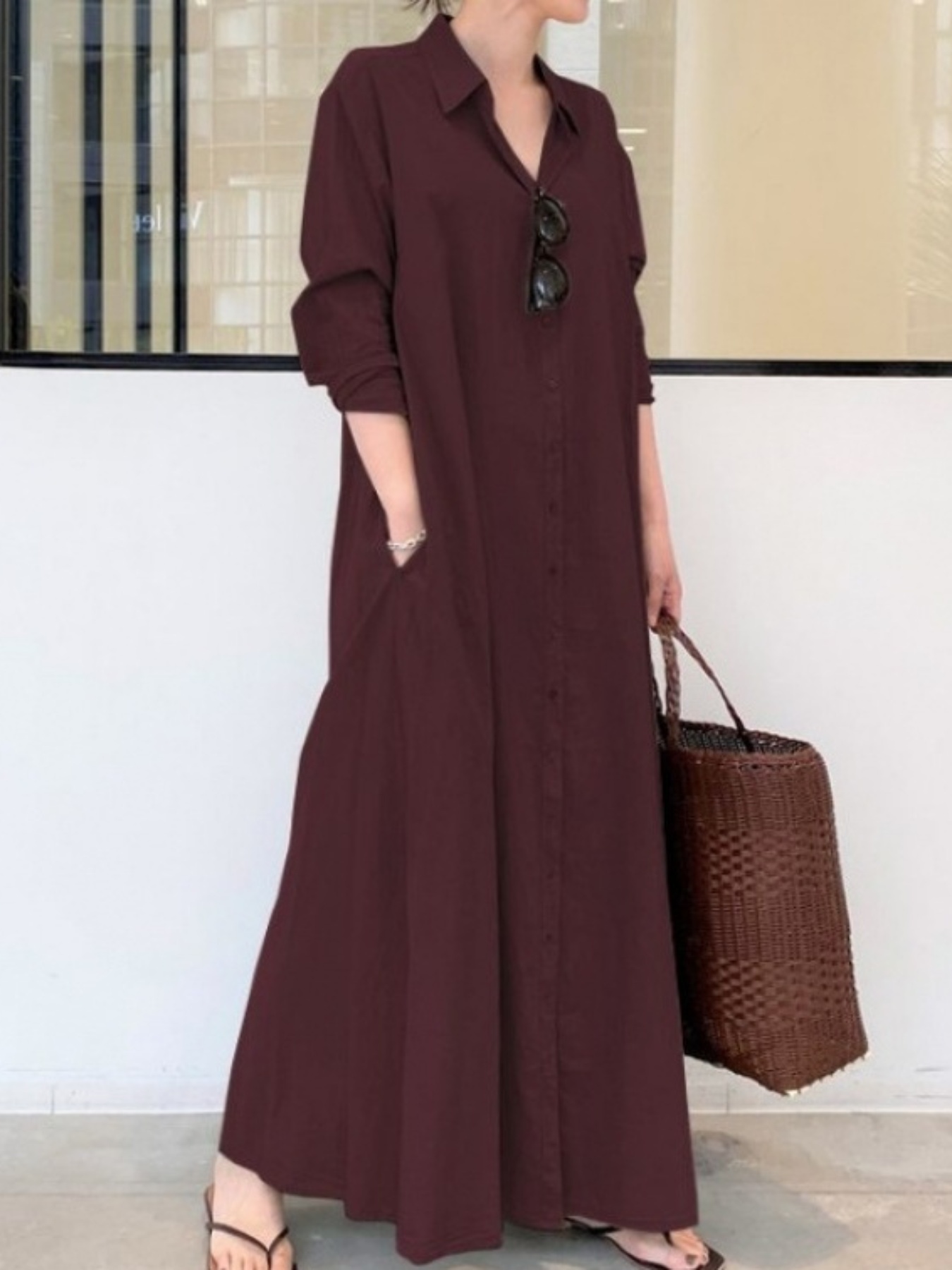 Women's Bohemian Midi Shirt Dress - Long Sleeve V-Neck Button A-Line Flowy Dress in Solid Colors (Green, Brown, Beige) - Lightweight POLYESTER, Loose