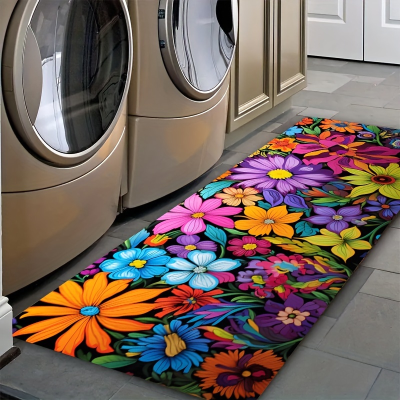 TEMU 1pc Vibrant Floral Kitchen Mat Soft & Thickened, Machine Washable Rectangular Mat For Laundry Room, Bathroom, Living Room, Bedroom - Colorful Flowers Design, Polyester 100.0%, Kitchen Rugs