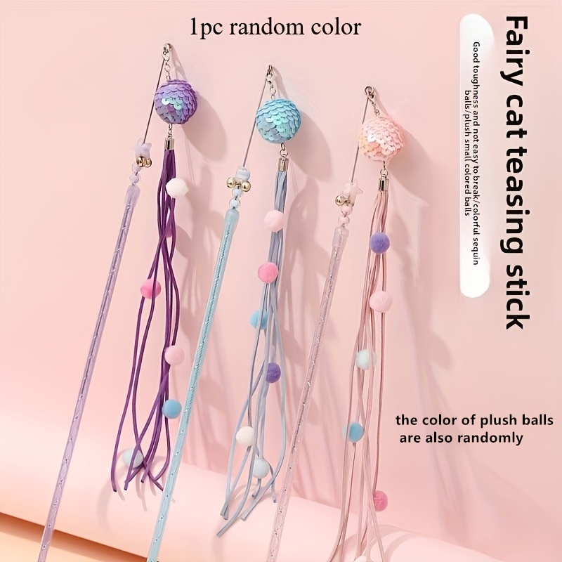 Image of 1pc Random Color Interactive Cat Teaser Stick , Durable Plastic Cat Toy With Tassels Hanging Balls, Interactive Cat Wand/cat Ball, Ideal For Indoor/ Play & Hunting , Suitable For All Cat Breeds