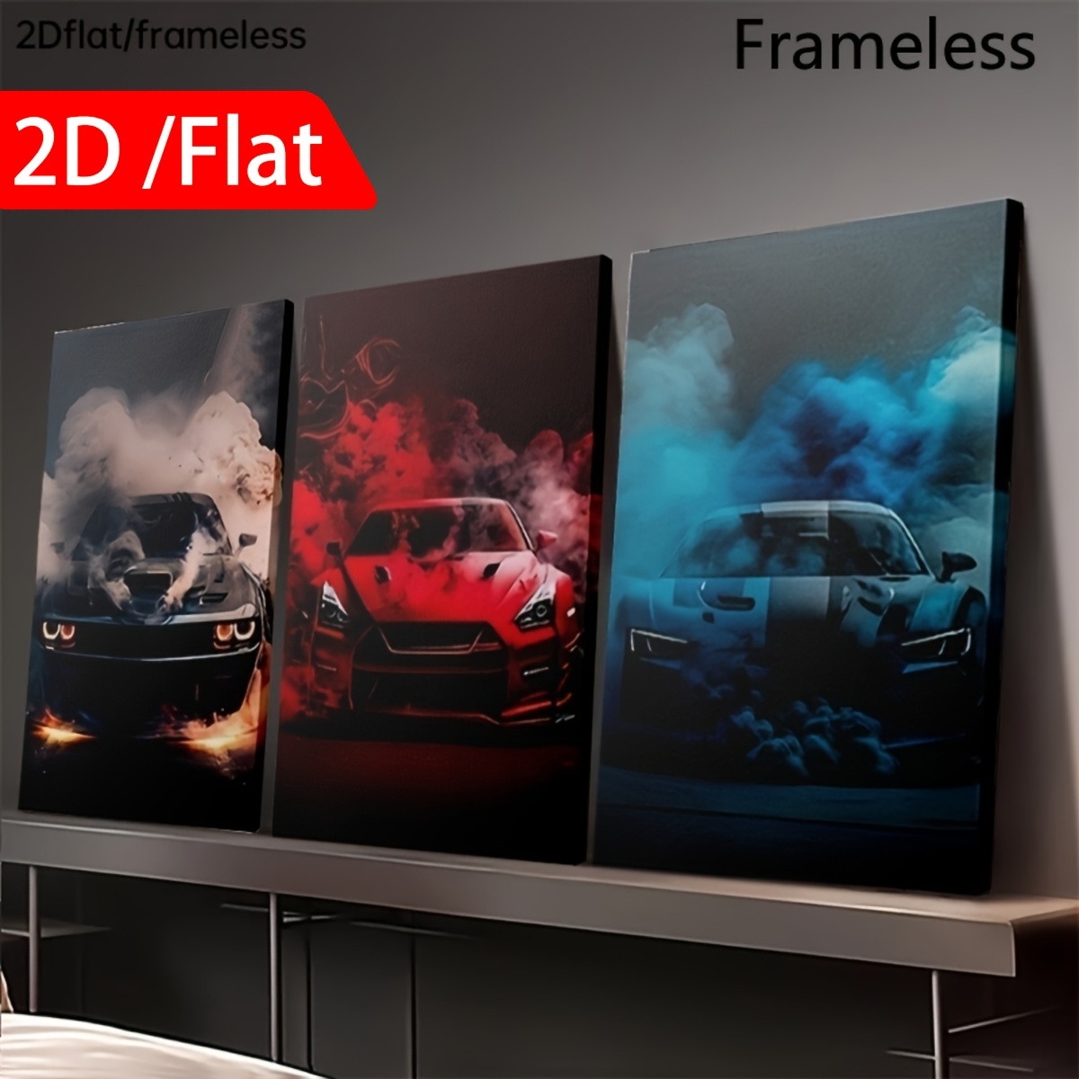 TEMU 2d Flat, 3pcs Modern Vertical Frameless Canvas - Retro Supercar Posters Suitable For, Bedroom, Office Decor, Classic Car Paintings For