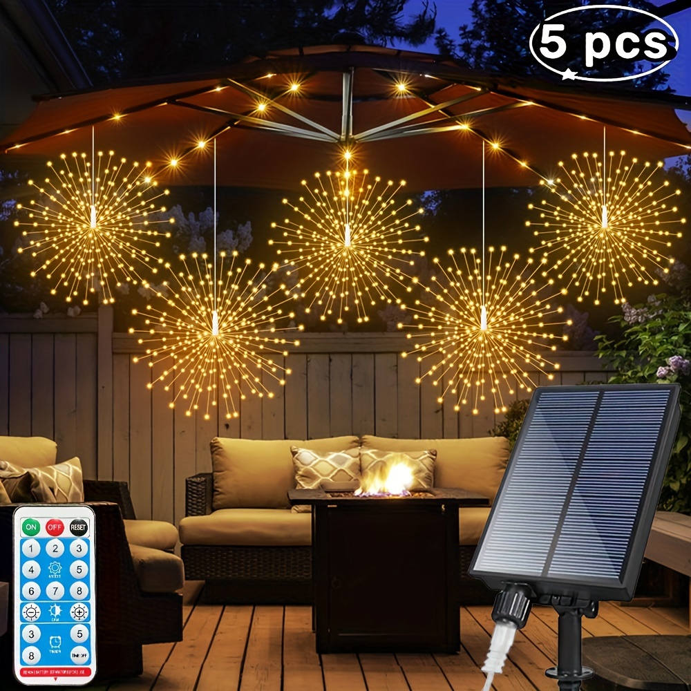 

5pcs 480leds Solar Starburst Sphere Lights, Firework Lights Remote Control Timer 8 Modes Dimmable Waterproof Hanging Fairy Light, Copper Wire Sparkly Lights For Patio Party Tent Christmas