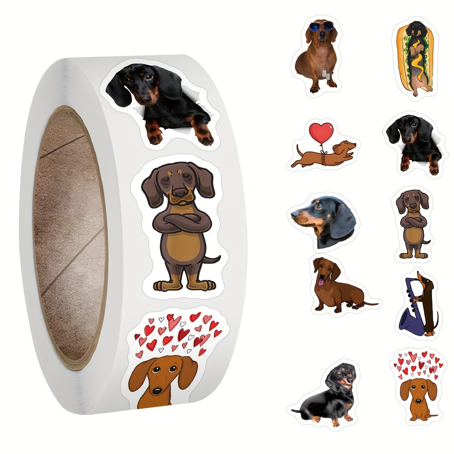 

500pcs Dachshund Vinyl Sticker Roll - Assorted Cartoon & For Laptops, Water Bottles, Skateboards & More - Reusable, Self-adhesive Decals