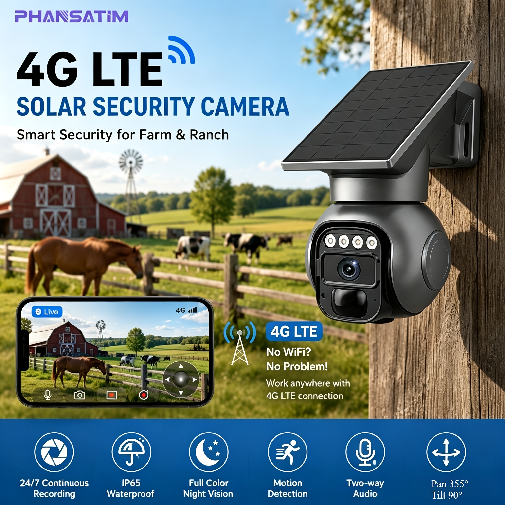 TEMU Phansatim 5mp Solar 4g Lte Outdoor Wireless Security Camera, 360° Ptz Panoramic View, Ai Human Detection With Auto Alarm, Audio, Night Vision,