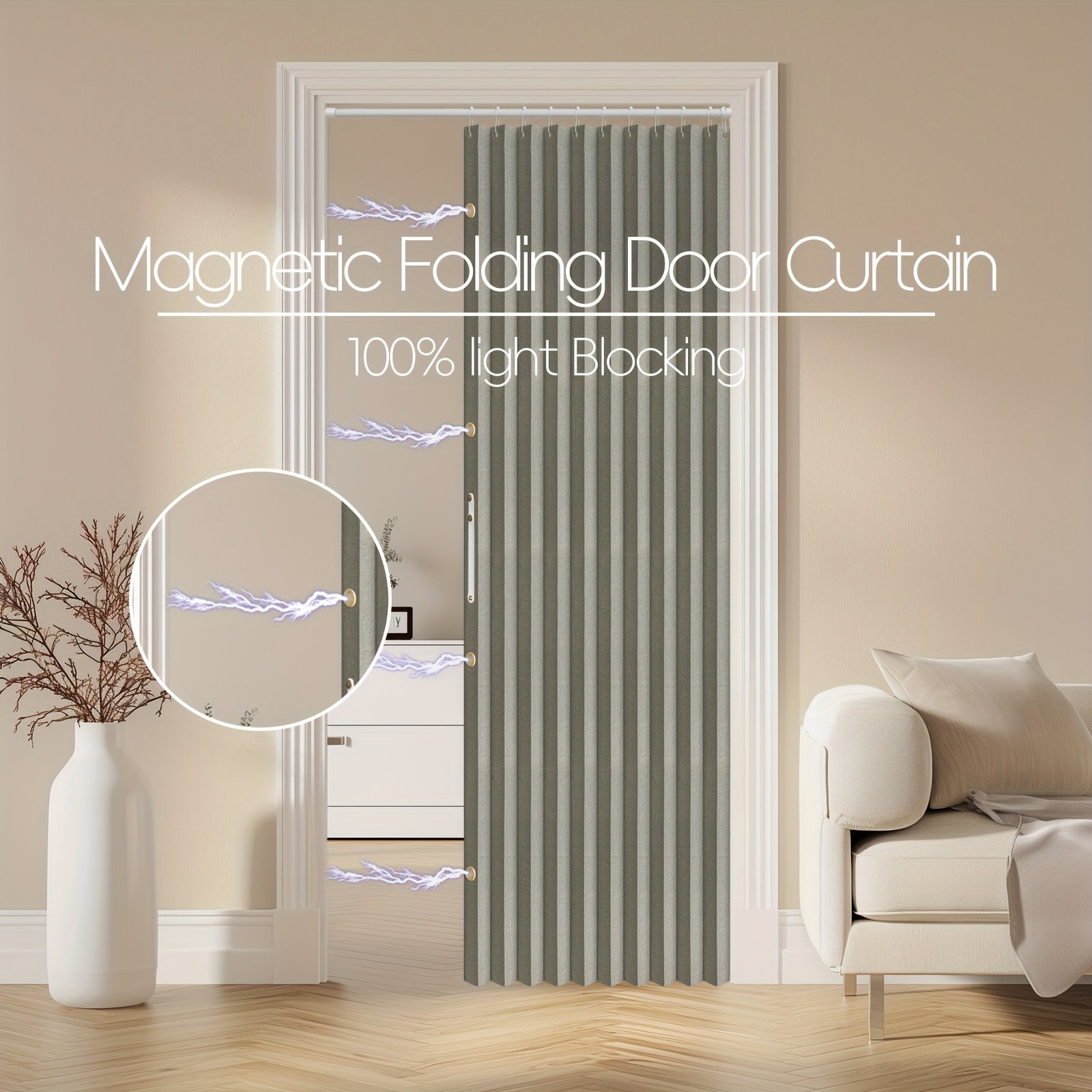 

1pc, 100%blackout Magnetic Door Curtain Pleated Door Curtain Folding Door Accordion Door Closet Door Curtain Invisible Applicable Bedroom Room Living Room Doorway Kitchen, Home Decor