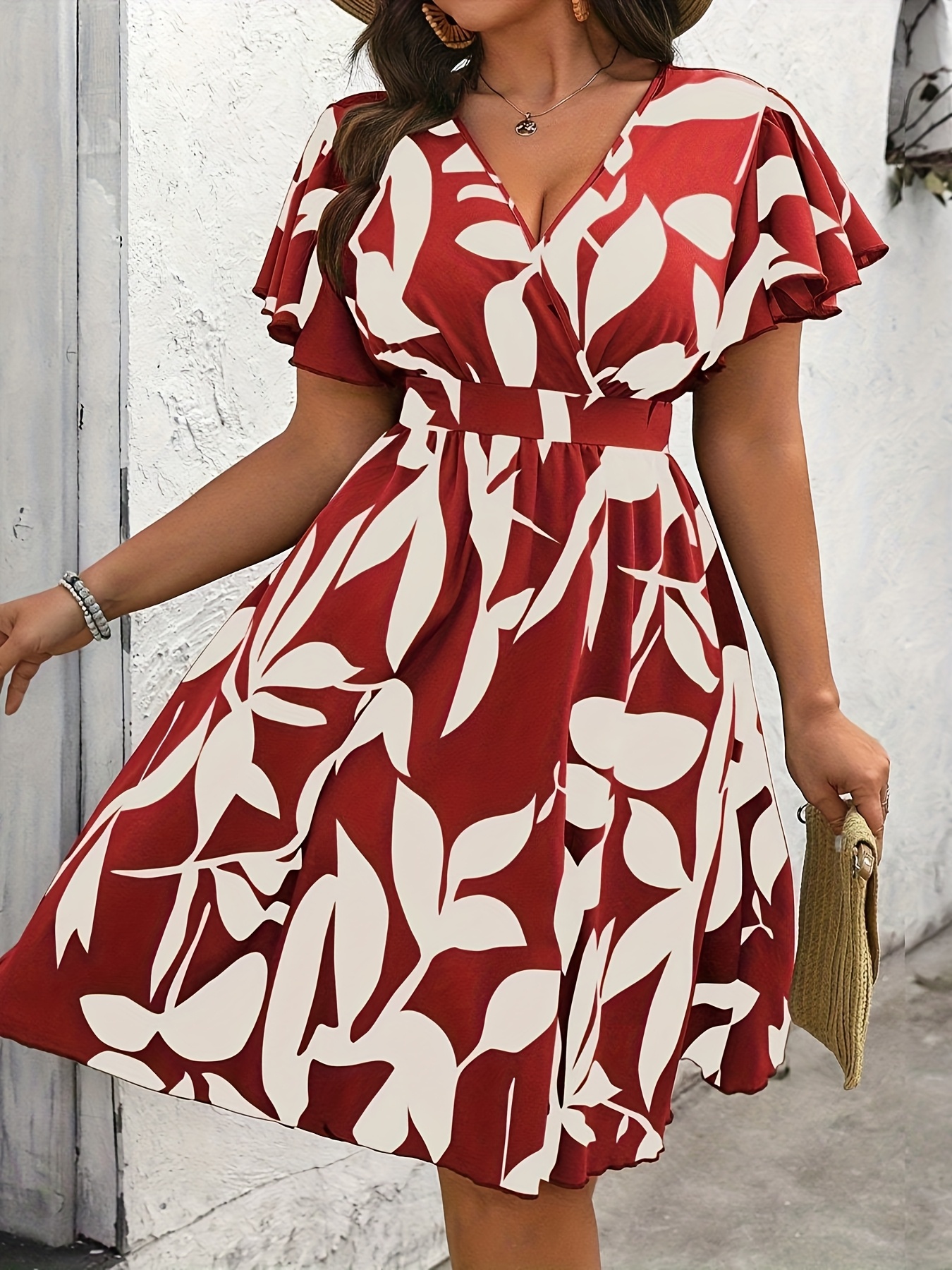 plus size dress women's plus size casual floral print dress short sleeve v  neck a line ruffle dress - women' clothing