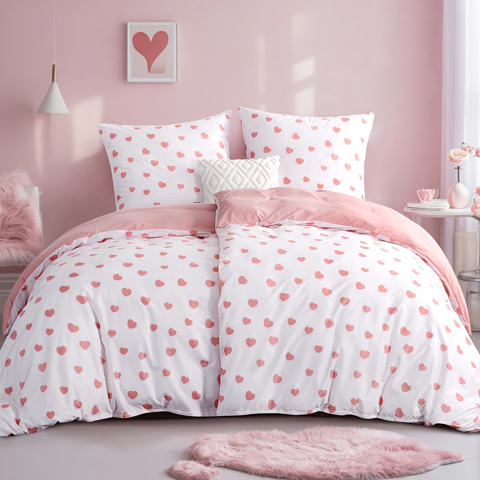 Image of 4pcs Bedding 135x200, Pink Heart Pattern Bedding, 135 X 200, 2pcs Set With 2 Pillowcases 80x80cm With Zipper, -tex Duvet Cover