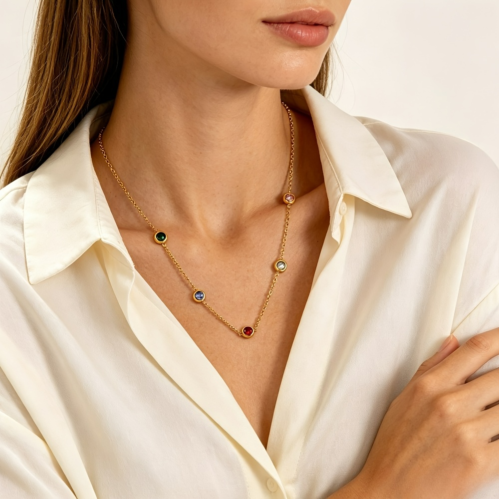 Women's Multi-Color Round Cubic Zirconia Necklace, 18K Gold-Plated