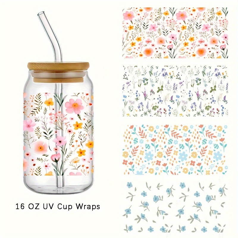 

4pcs Set Of Dainty Uv Dtf Decals - Waterproof & -resistant Vinyl Stickers For Glass Cups And Bottles, 3d Design, 4.3"x9.4" - Ideal For Diy Crafts & Home Decor