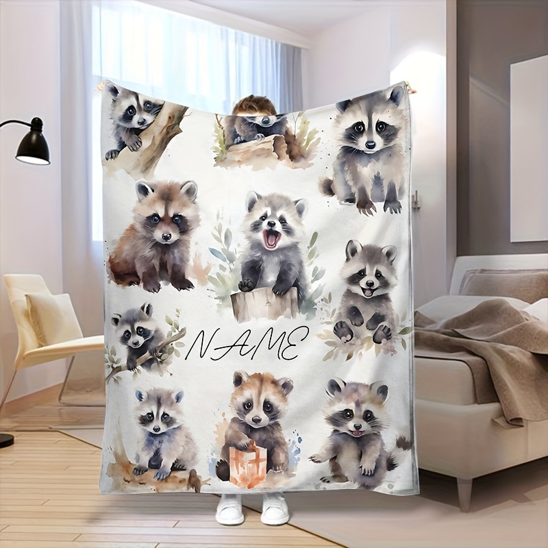 

Custom Name Raccoon Blanket - Personalized Forest Animal Throw, Soft Flannel, All-season Cozy Gift For Young Group & Adults