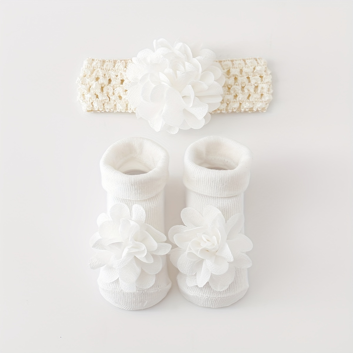 1 Pair Baby Floral Socks And 1pc Baby Mesh Headband