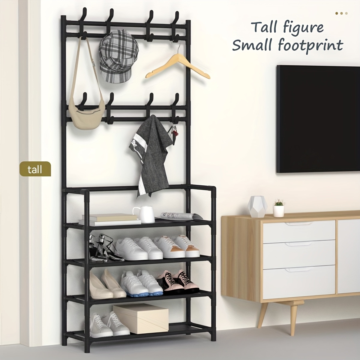 4-5 Tier Hallway Organizer with 8 Hooks - Space-Saving, Easy to Assemble, Durable Design for Entryways And Bedrooms, Minimalist Style - Black/White, Perfect for Entryway Storage, Freestanding Shoe Rack