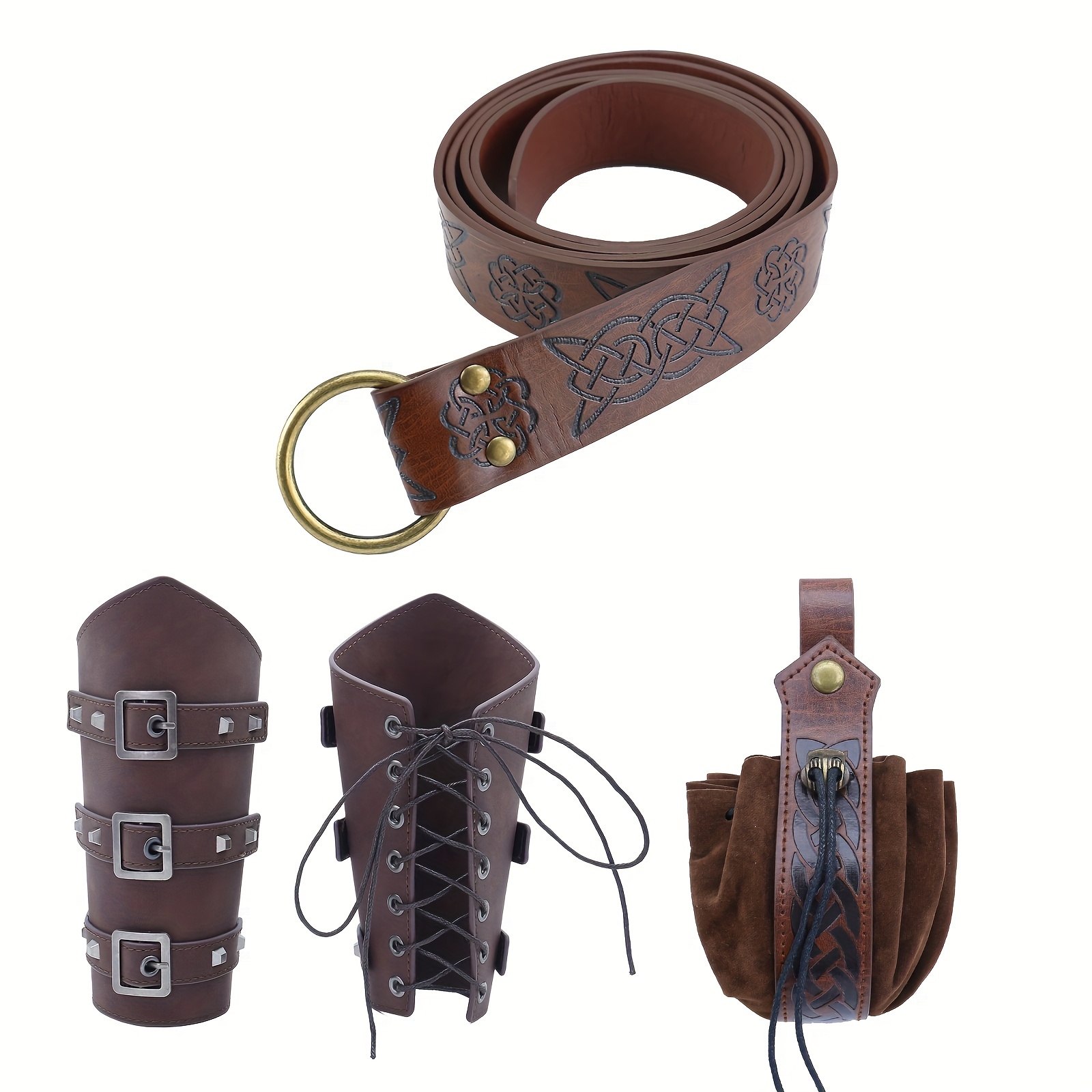 E-shop 4-teiliges Wikinger-Renaissance-Kostümset für Männer & Frauen - Mittelalterlicher Gürtel, Beutel und Kunstleder-Armbänder