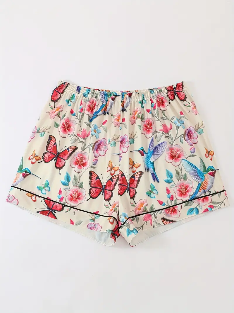 womens pajama set piece ensemble featuring cute cartoon animal designs with butterflies and birds a casual collared top drawstring waist shorts and long pants suitable for summer and made from comfortable fabric with button pocket details for adult loungewear Product details 6