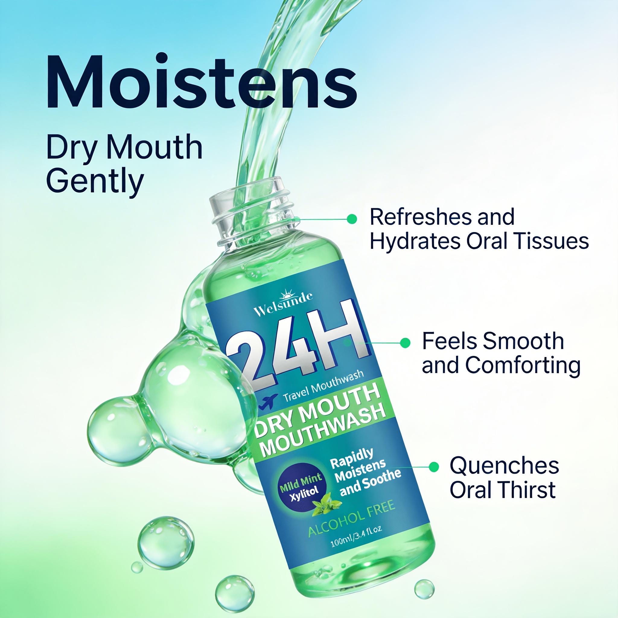 24H Dry Mouth Mouthwash - Rapidly Moistens And Soothes with a Minty Taste, Contains Xylitol, Helps Maintain Oral Comfort, Long-Lasting Oral Comfort, Travel Mouthwash, No Oral Irritation, Natural Ingredients for Daily Oral Care, Suitable for Everyone