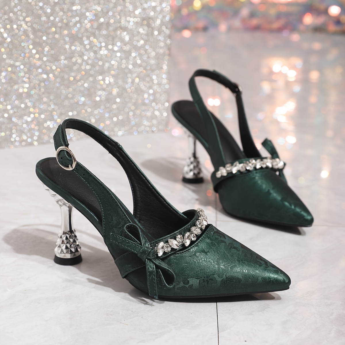Elegant French-Inspired Pointed Toe Stiletto Sandals for Women - Summer High Heels with Ankle Strap, Rhinestone Embellishments & Bow Detail, Red & Black, Faux Cover, Perfect for Casual or Formal Occasions, Stiletto Heels