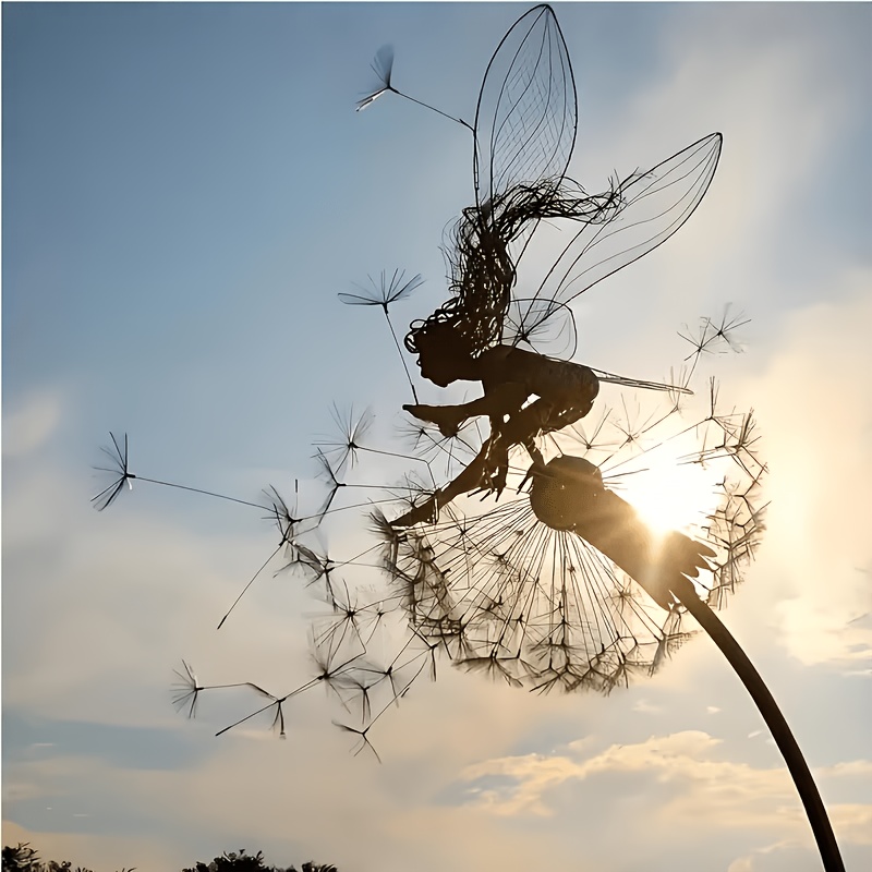 TEMU Stainless Steel Flower Fairy & Dandelion Dancing Metal Garden Sculpture - Outdoor/indoor Art Decor, Valentine's Day Gift, No Electricity Needed,