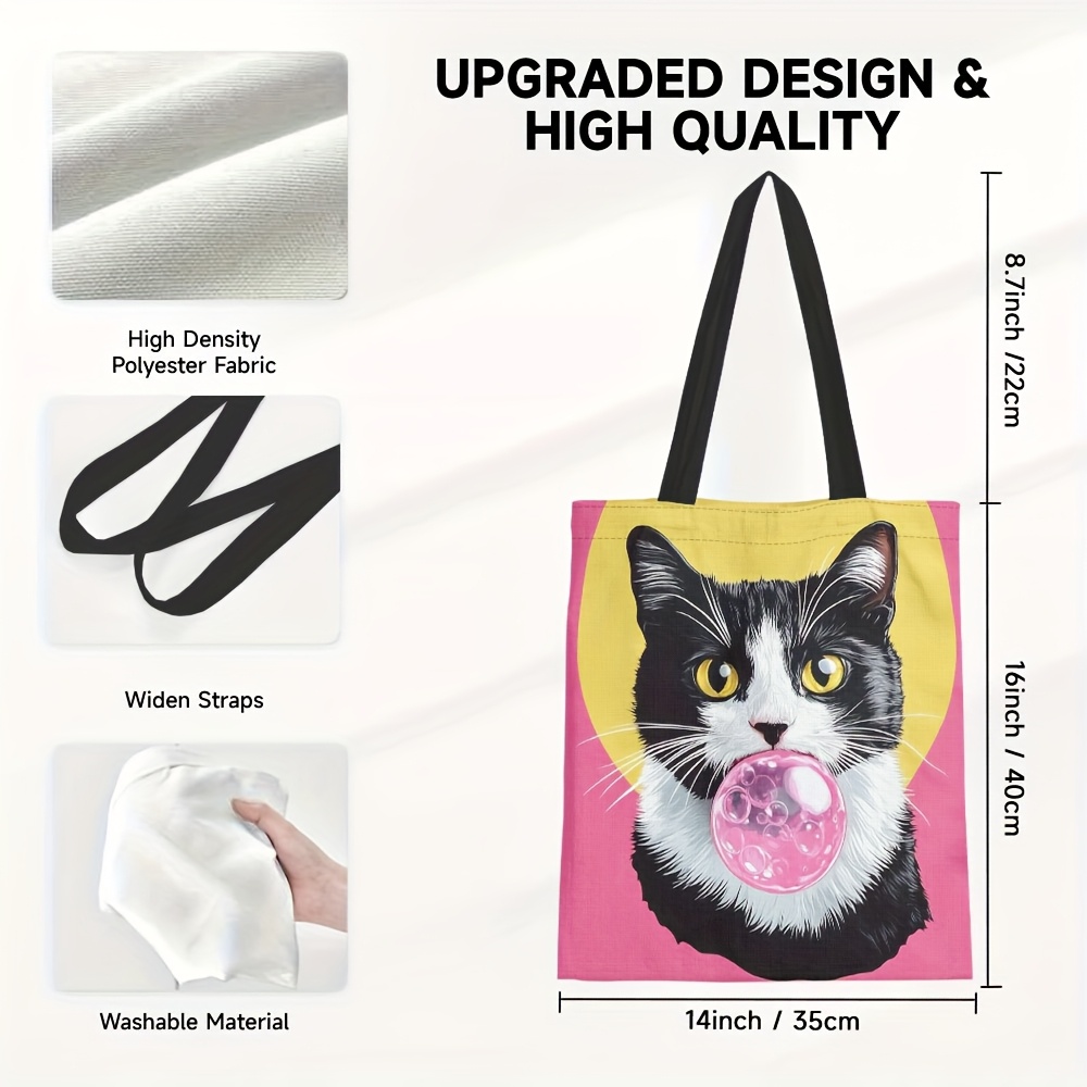 TEMU バブルガムキャットプリントポリエステルハンドバッグ – で洗濯機対応、耐久性抜群の猫イラストデザイン、ショッピングや買い物に最適、猫好きへの贈り物にも、カジュアルなキャリー | なポリエステル製ハンドバッグ