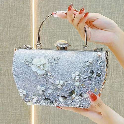 vintage floral evening clutch elegant pearl chain dinner bag polyester satchel with removable strap kiss lock closure for women wedding party accessory