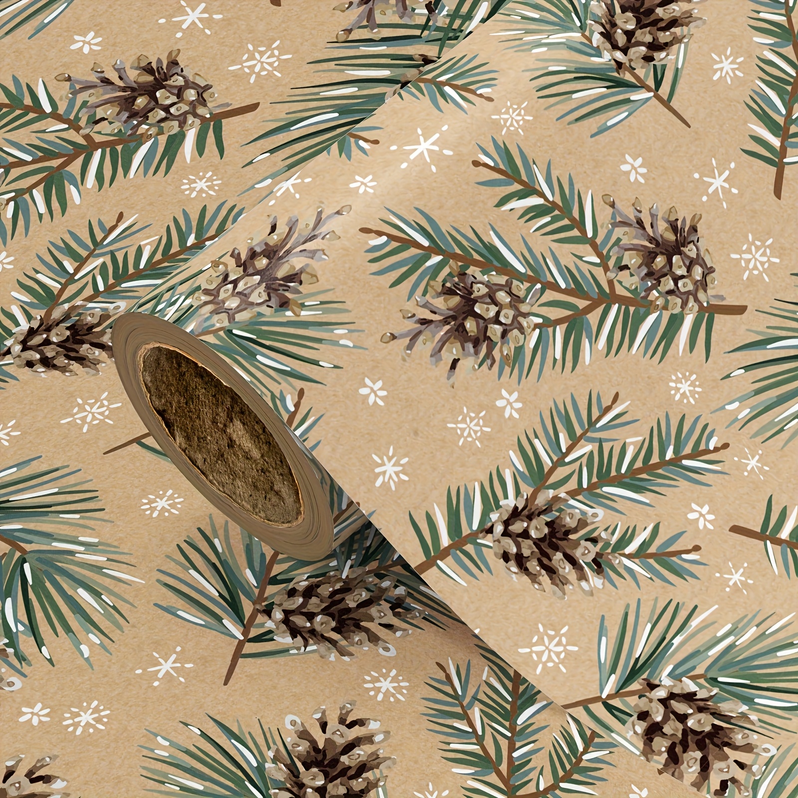 TEMU 1 Rolle -Weihnachtspapier | Tannenzweige, Zapfen & Schneeflocken-Muster – Ideal für Weihnachtsgeschenke, Familientreffen, Festtagsdekoration,