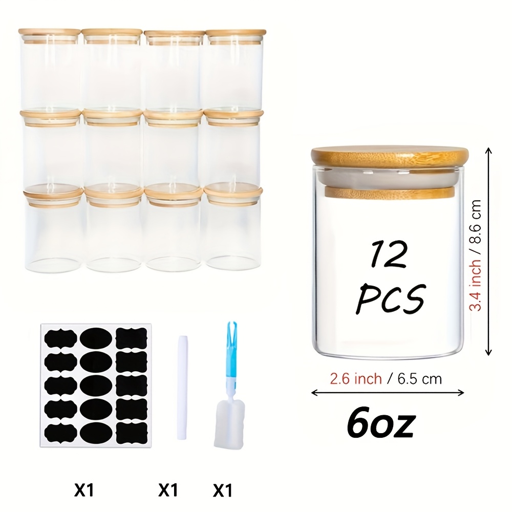 TEMU Set Of Glass Jars, Each 6oz, Featuring Airtight Bamboo Lids, A Pen, And A Cleaning Brush For Organizing Kitchen Items Bags, Coffee Beans, Candies, And Salt