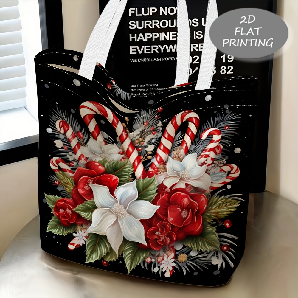 TEMU 1pc, Women's Shoulder Bag, 2d Flat Christmas Bouquet Printed Tote Bag, Exquisite Shopping Bag, New Year Gift, Fashion Casual, Birthday Gift,
